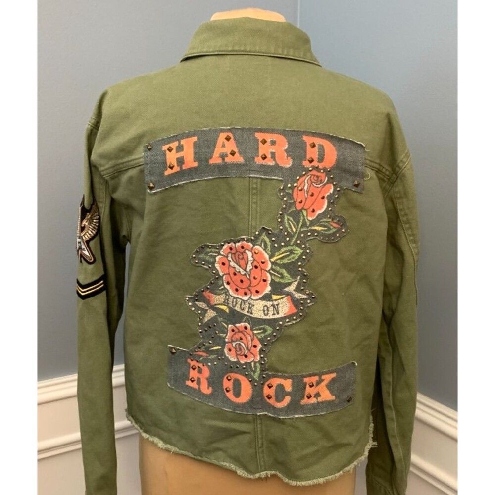 Hard Rock Ibiza Stones Jacket Womens L Denim Military Crop Graffiti Memorabilia